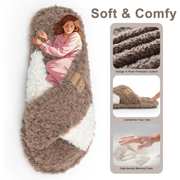 ⚡Women’s Brown White Faux Fur Cozy Fuzzy Cross Band Slippers Indoor House Shoes - Picture 3 of 6